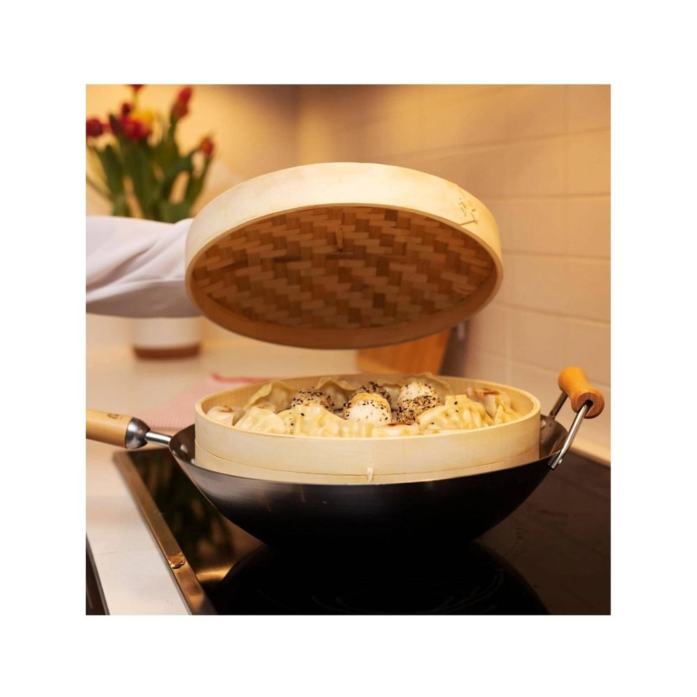 Traditional 10 Inch Bamboo Steamer Basket 2 Tier for Dumplings Buns Vegetables - Picture 6 of 11